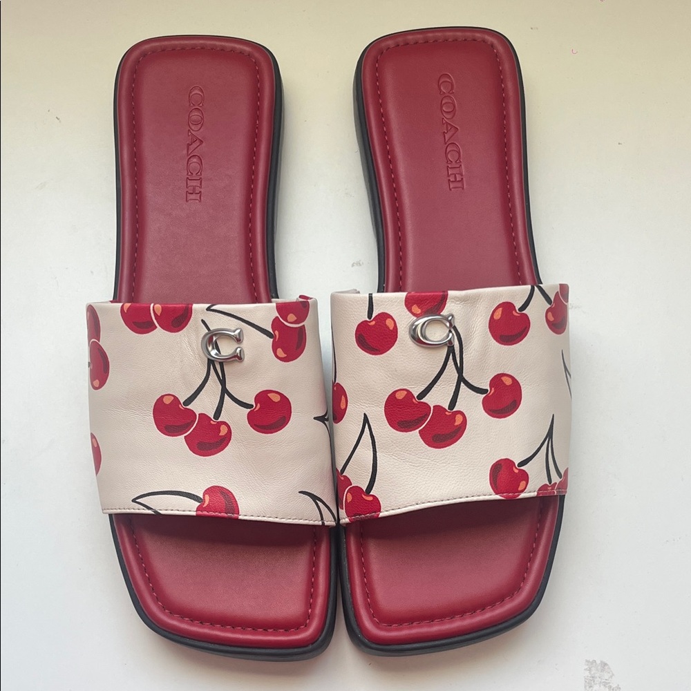 Coach Red Cherry Print Slide Sandals with Cream Strap